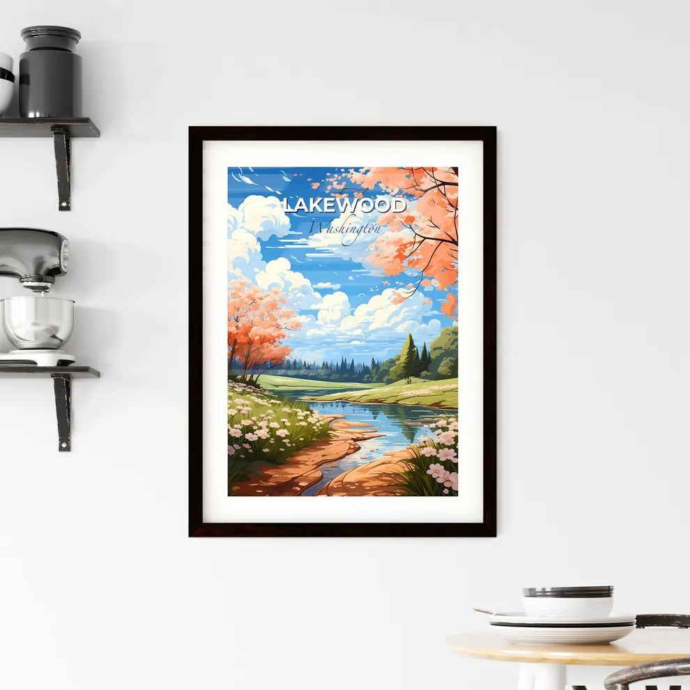 Lakewood, Washington, A Poster of a river running through a grassy field with flowers and trees Default Title