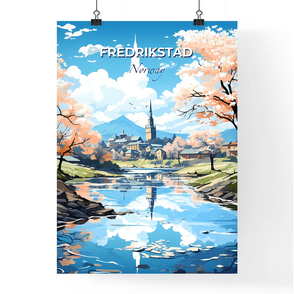 Fredrikstad, Norway, A Poster of a river with trees and a church in the background Default Title