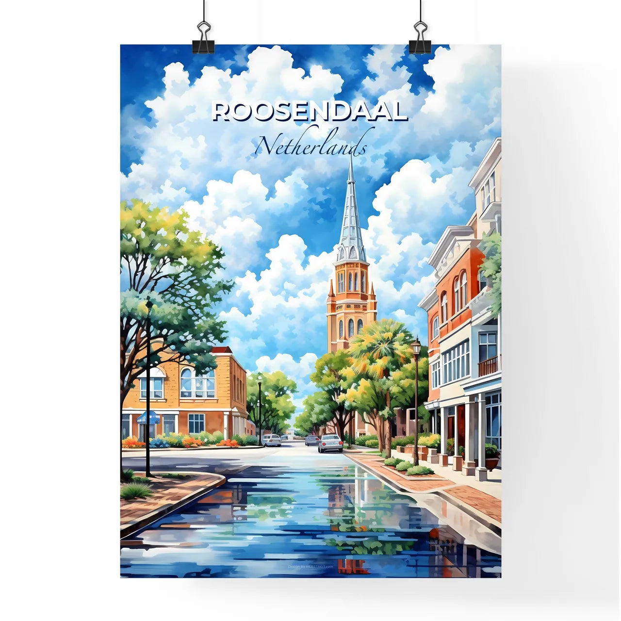 Roosendaal, Netherlands, A Poster of a street with a church tower and trees Default Title