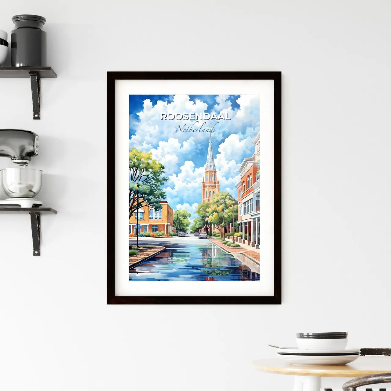 Roosendaal, Netherlands, A Poster of a street with a church tower and trees Default Title