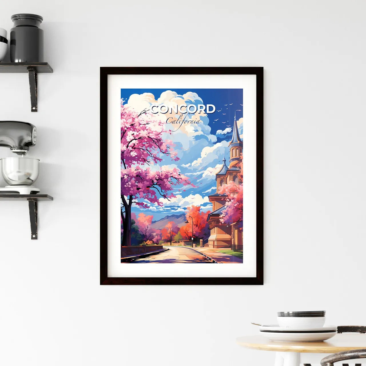 Concord, California, A Poster of a church with pink trees and blue sky Default Title