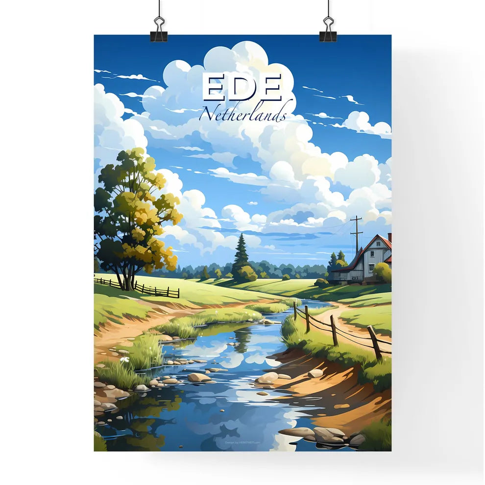 Ede, Netherlands, A Poster of a stream of water in a grassy field with a house and trees Default Title