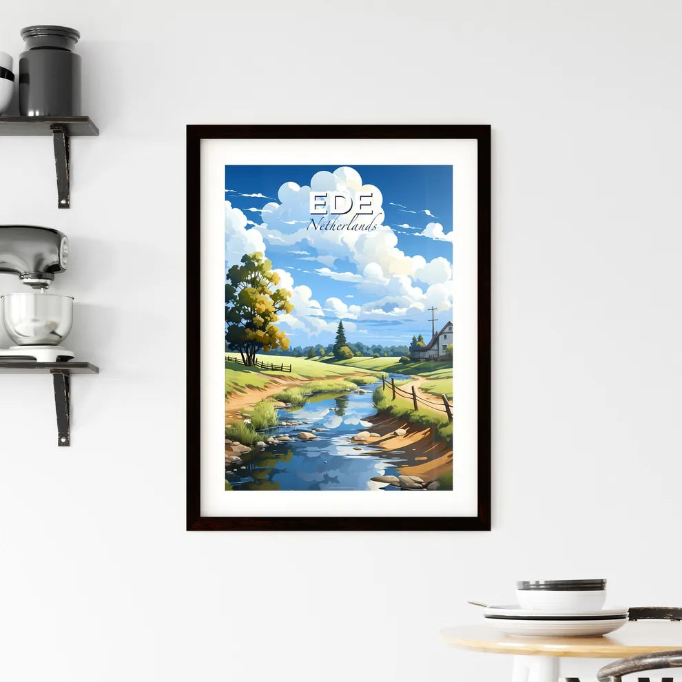 Ede, Netherlands, A Poster of a stream of water in a grassy field with a house and trees Default Title