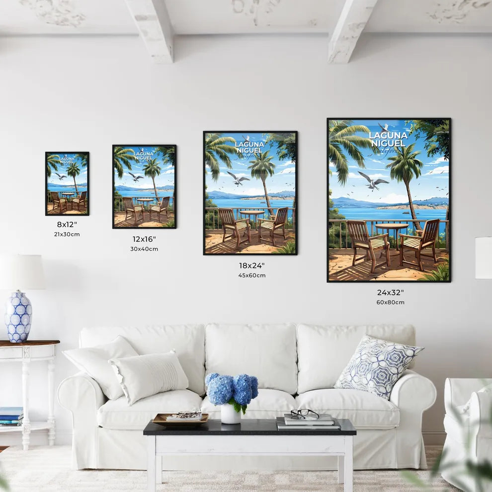 Laguna Niguel, California, A Poster of a deck with chairs and table and a bird flying over the water Default Title