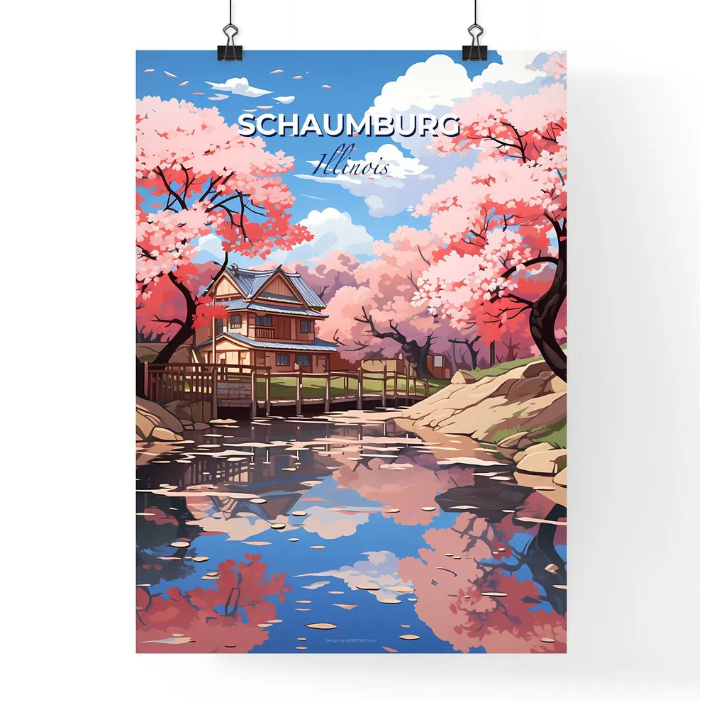 Schaumburg, Illinois, A Poster of a house with a bridge over a river with pink trees Default Title