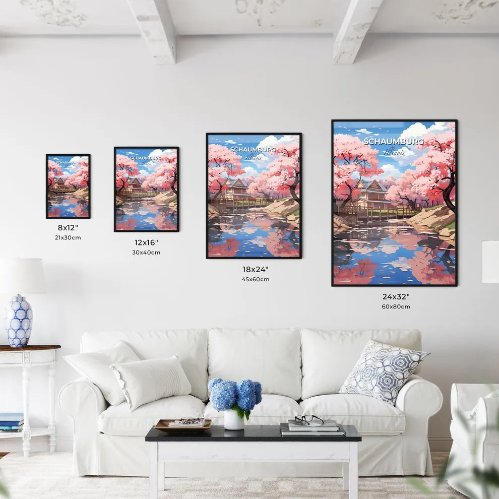 Schaumburg, Illinois, A Poster of a house with a bridge over a river with pink trees Default Title