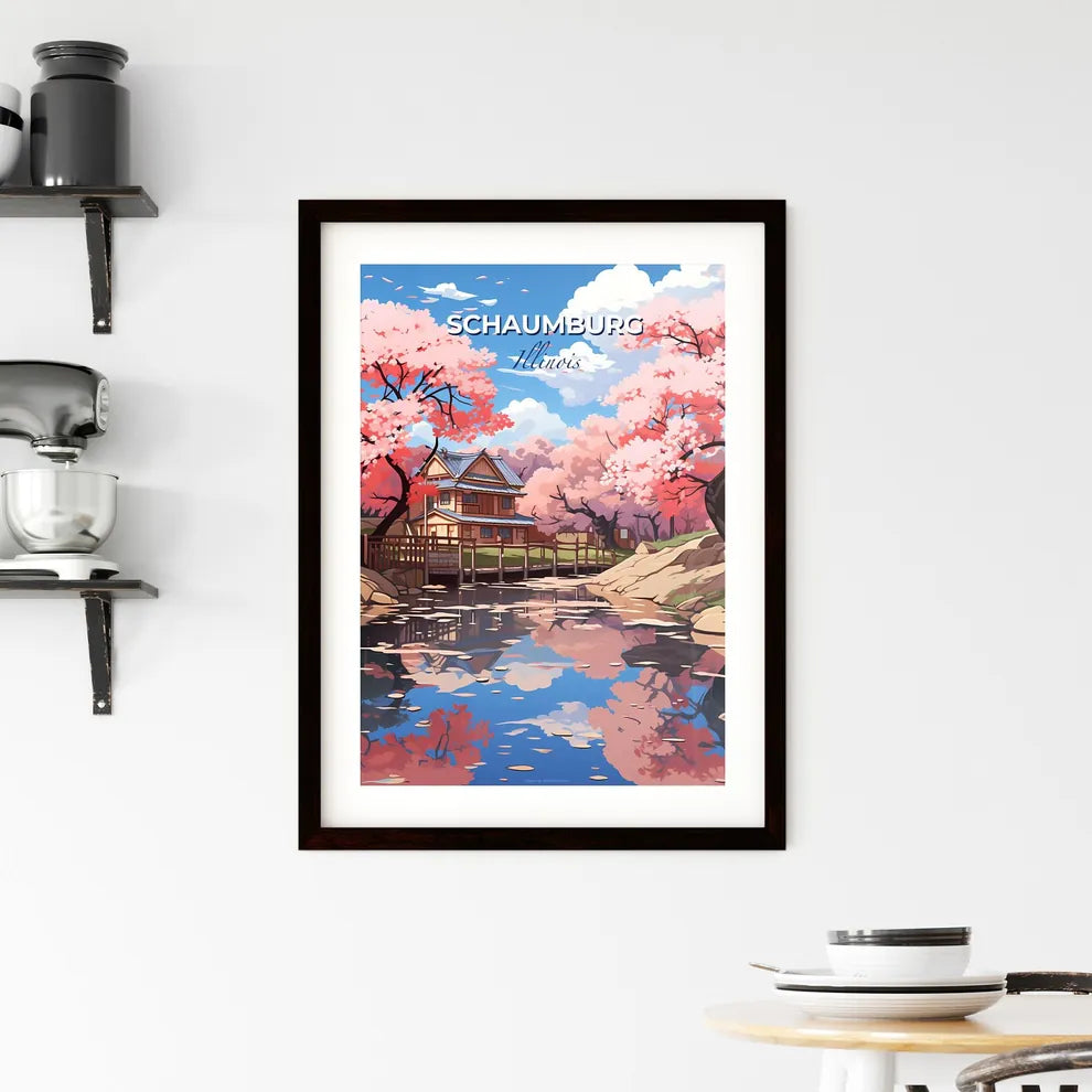 Schaumburg, Illinois, A Poster of a house with a bridge over a river with pink trees Default Title