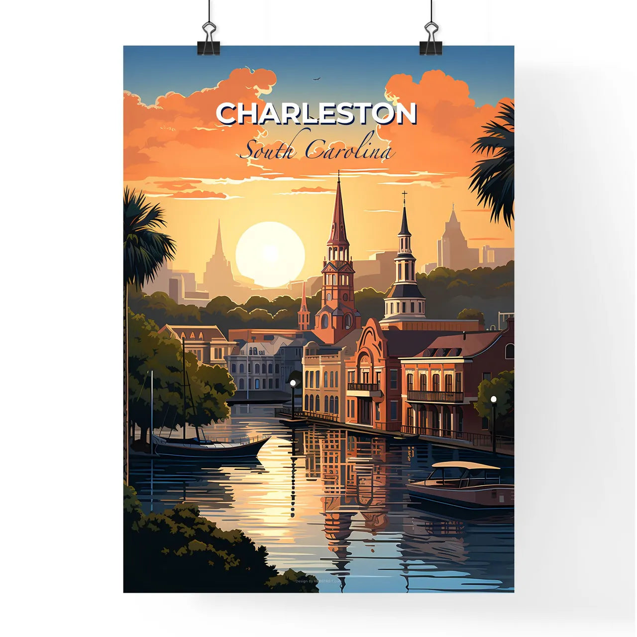Charleston, South Carolina, A Poster of a sunset over a river with buildings and trees Default Title