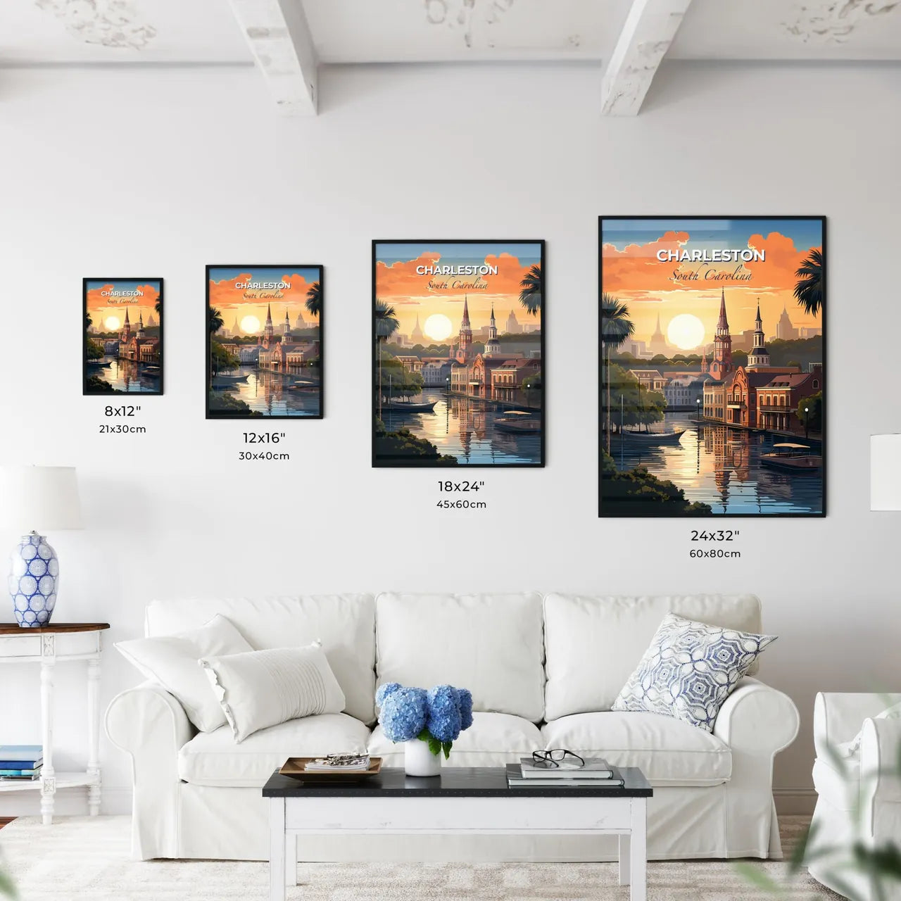 Charleston, South Carolina, A Poster of a sunset over a river with buildings and trees Default Title