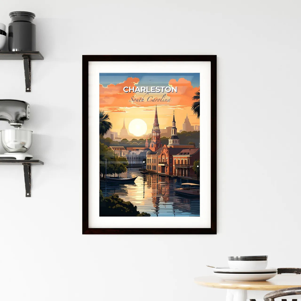 Charleston, South Carolina, A Poster of a sunset over a river with buildings and trees Default Title