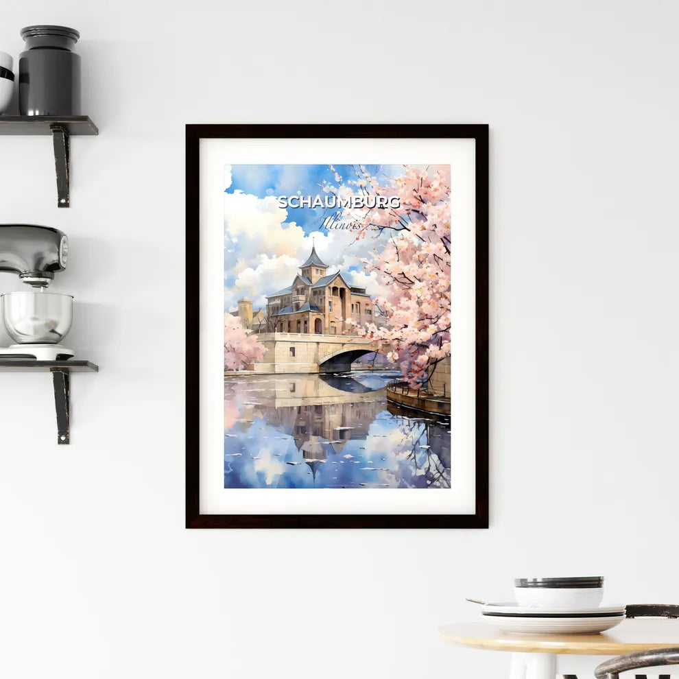 Schaumburg, Illinois, A Poster of a watercolor painting of a castle with a bridge and pink flowers Default Title