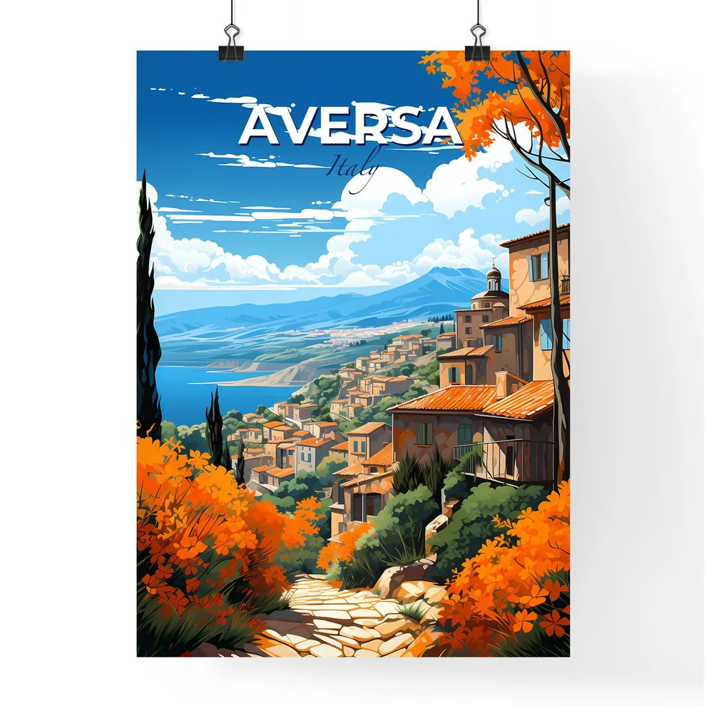 Aversa, Italy, A Poster of a landscape of a town with orange trees and mountains Default Title