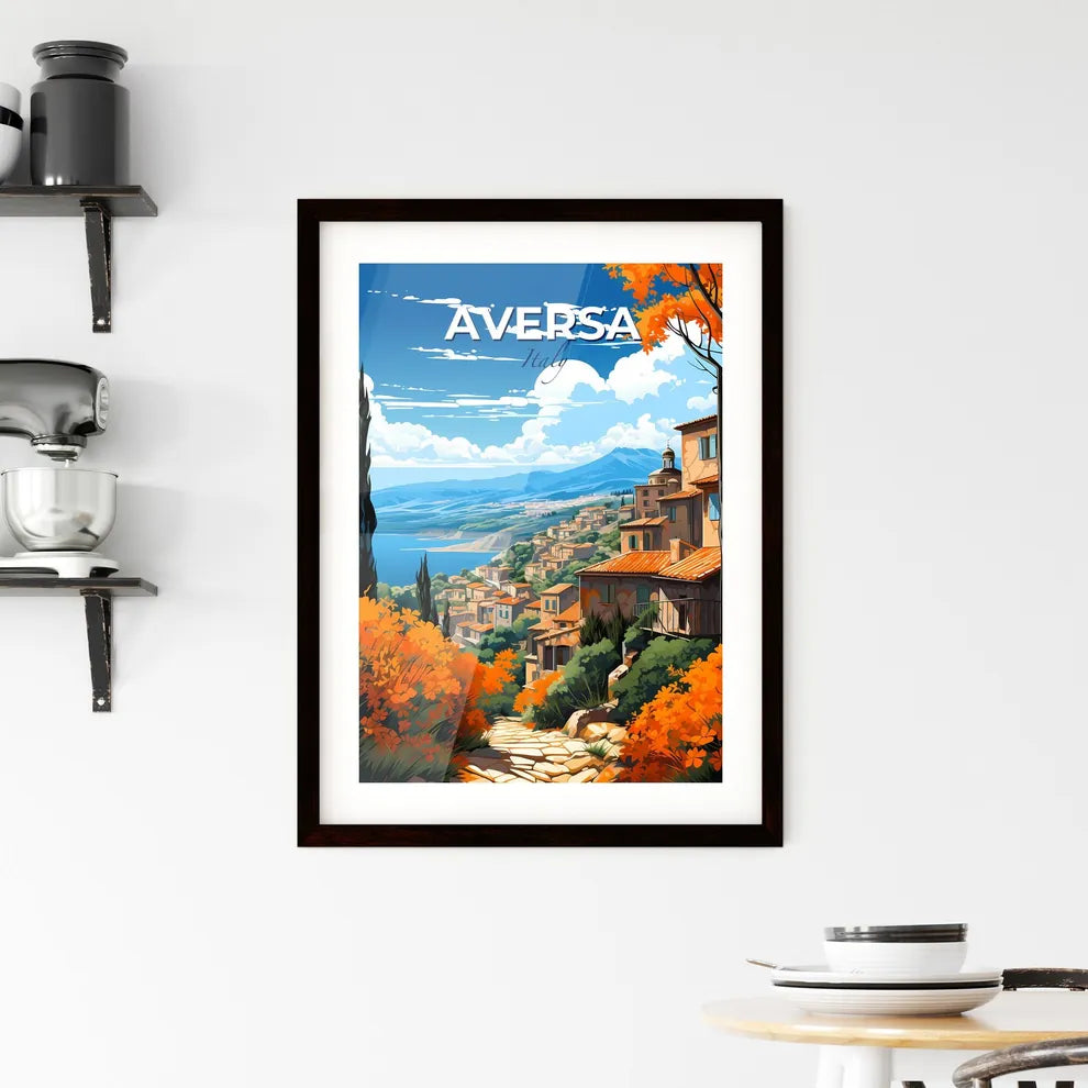 Aversa, Italy, A Poster of a landscape of a town with orange trees and mountains Default Title