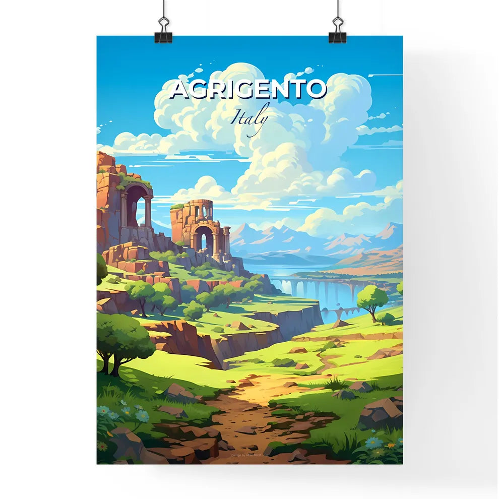Agrigento, Italy, A Poster of a landscape with a river and a stone building Default Title