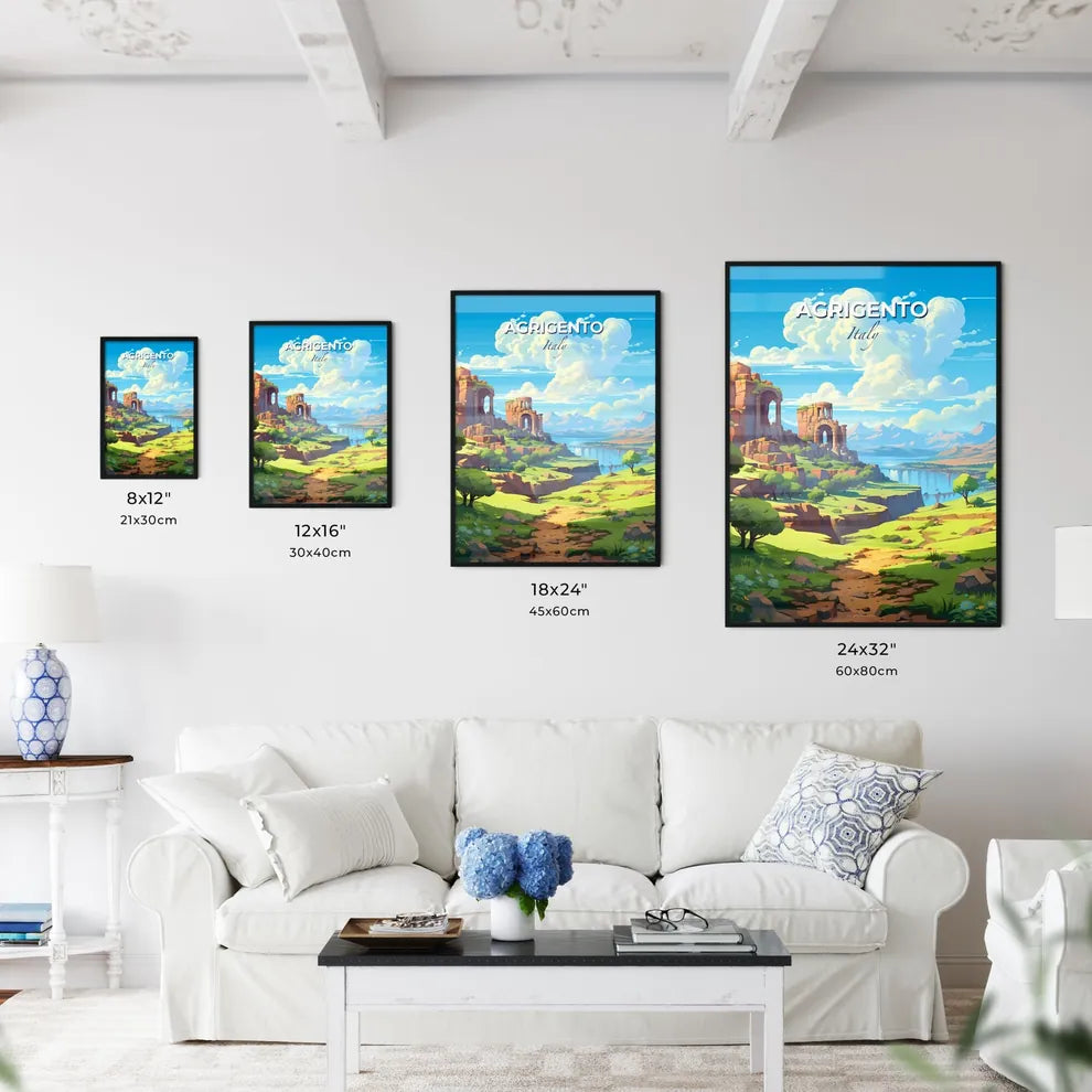 Agrigento, Italy, A Poster of a landscape with a river and a stone building Default Title