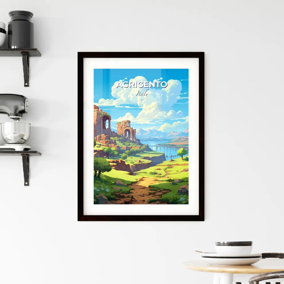 Agrigento, Italy, A Poster of a landscape with a river and a stone building Default Title