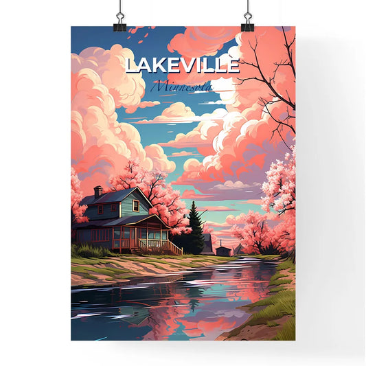 Lakeville, Minnesota, A Poster of a house by a river with pink flowers Default Title