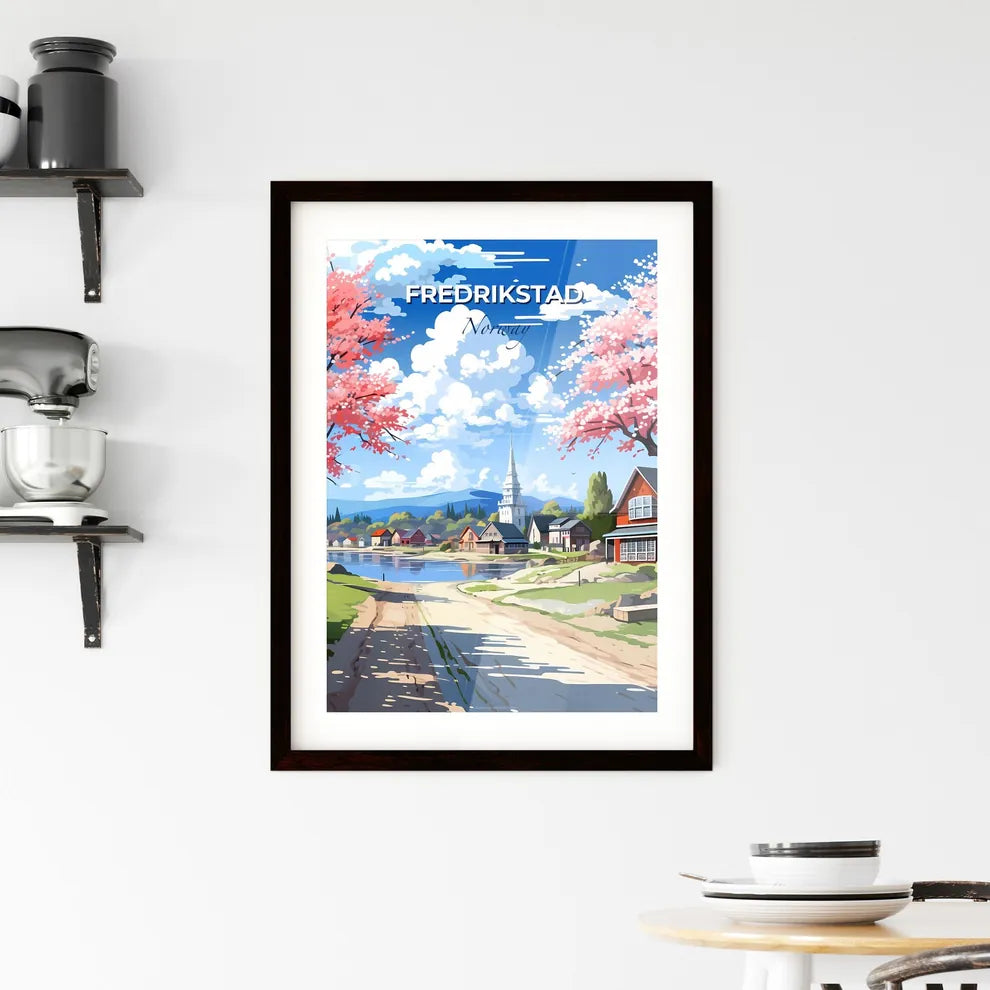 Fredrikstad, Norway, A Poster of a road leading to a lake with pink trees and houses Default Title