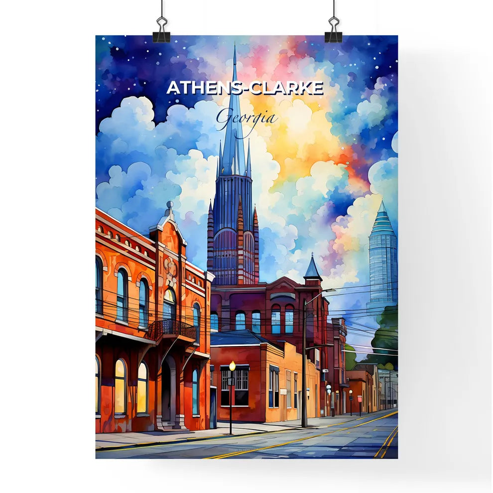 Athens-Clarke, Georgia, A Poster of a street with buildings and a tall tower Default Title