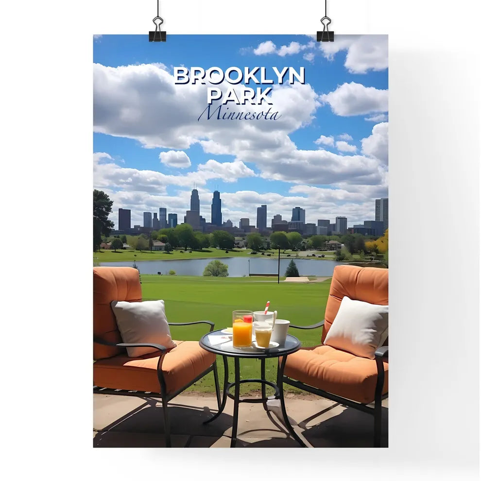 Brooklyn Park, Minnesota, A Poster of chairs and a table with drinks on it in front of a city Default Title