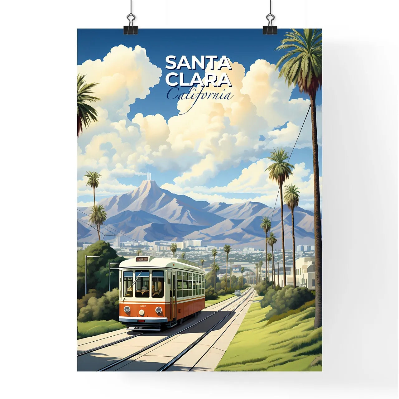 Santa Clara, California, A Poster of a trolley on a track with palm trees and mountains in the background Default Title