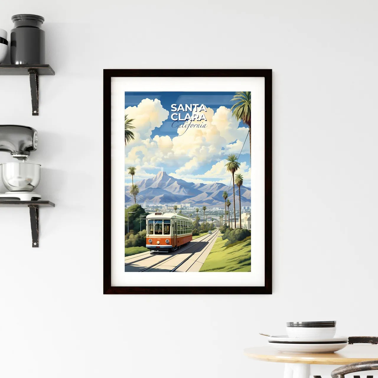 Santa Clara, California, A Poster of a trolley on a track with palm trees and mountains in the background Default Title