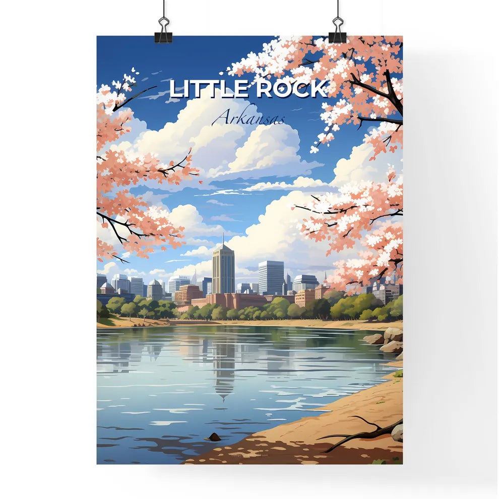 Little Rock, Arkansas, A Poster of a river with pink blossoms and a city in the background Default Title