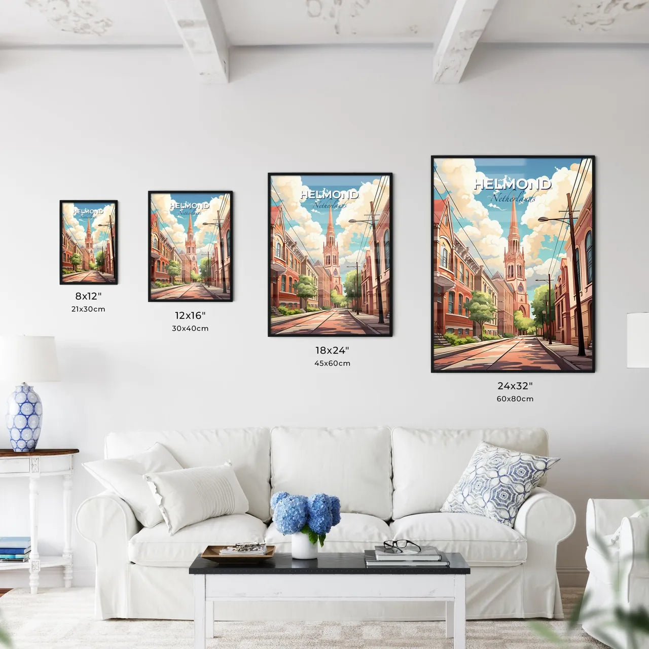 Helmond, Netherlands, A Poster of a street with a church tower and buildings Default Title