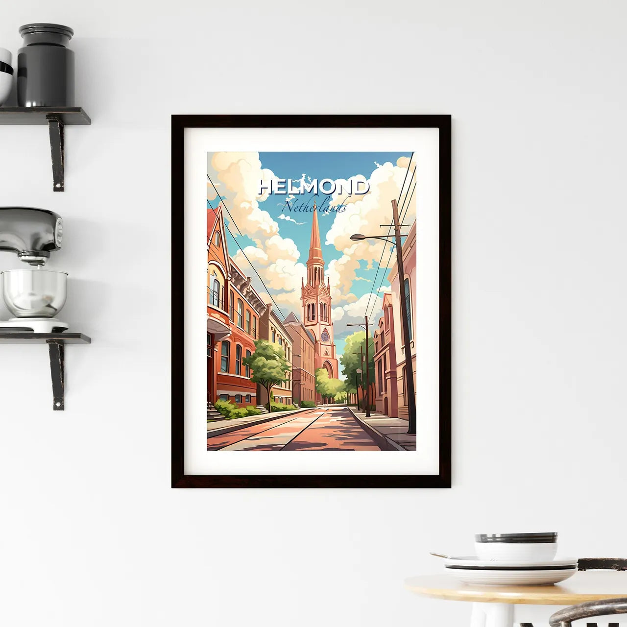 Helmond, Netherlands, A Poster of a street with a church tower and buildings Default Title