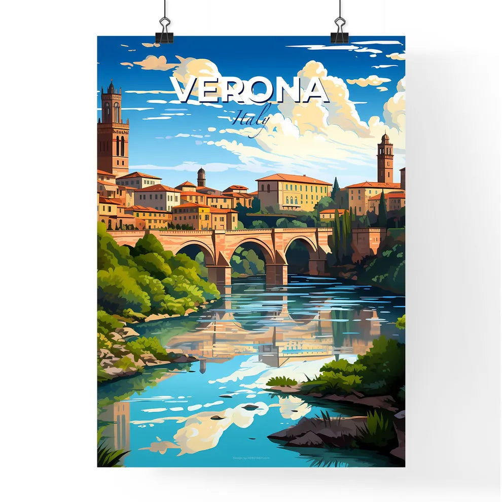 Verona, Italy, A Poster of a bridge over a river with buildings and trees Default Title