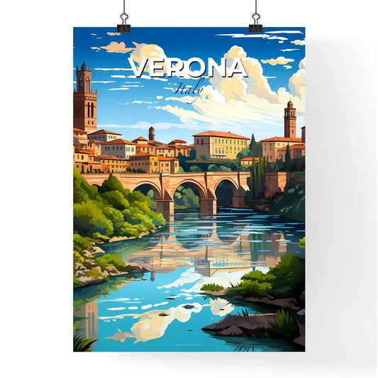 Verona, Italy, A Poster of a bridge over a river with buildings and trees Default Title