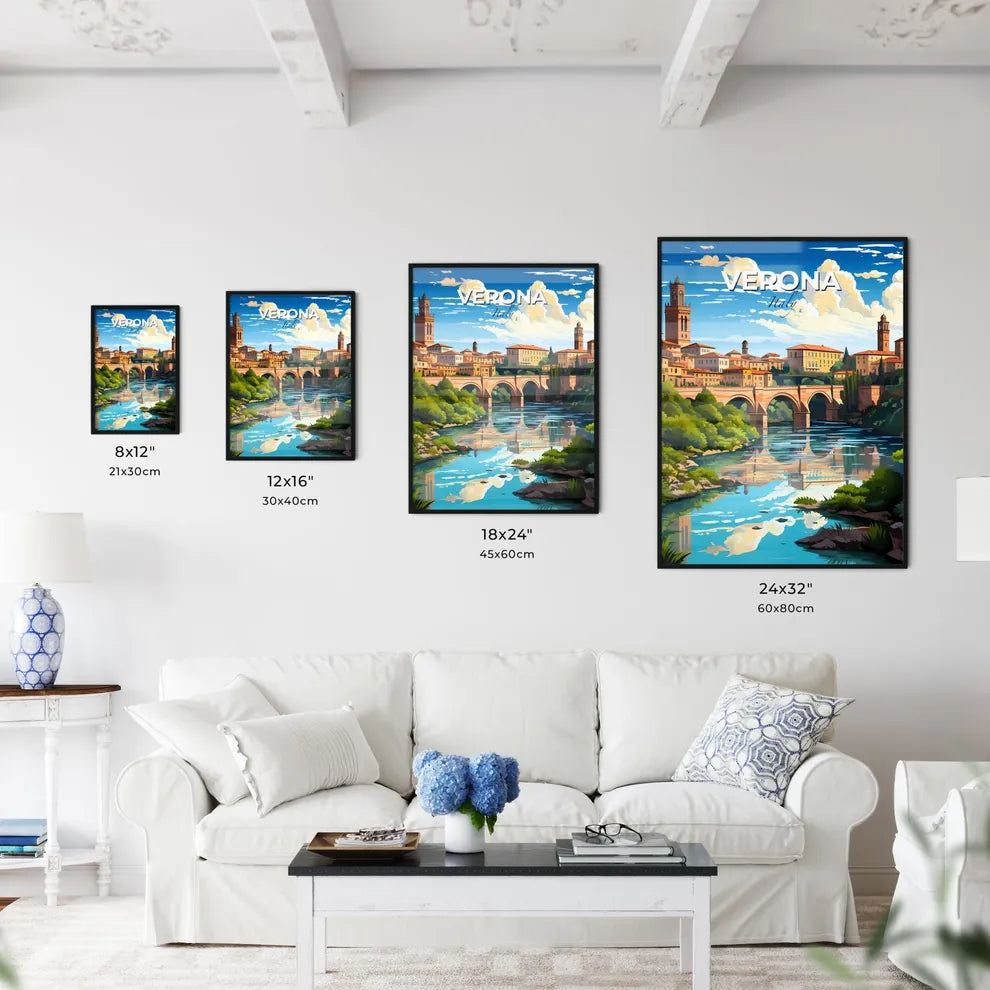 Verona, Italy, A Poster of a bridge over a river with buildings and trees Default Title