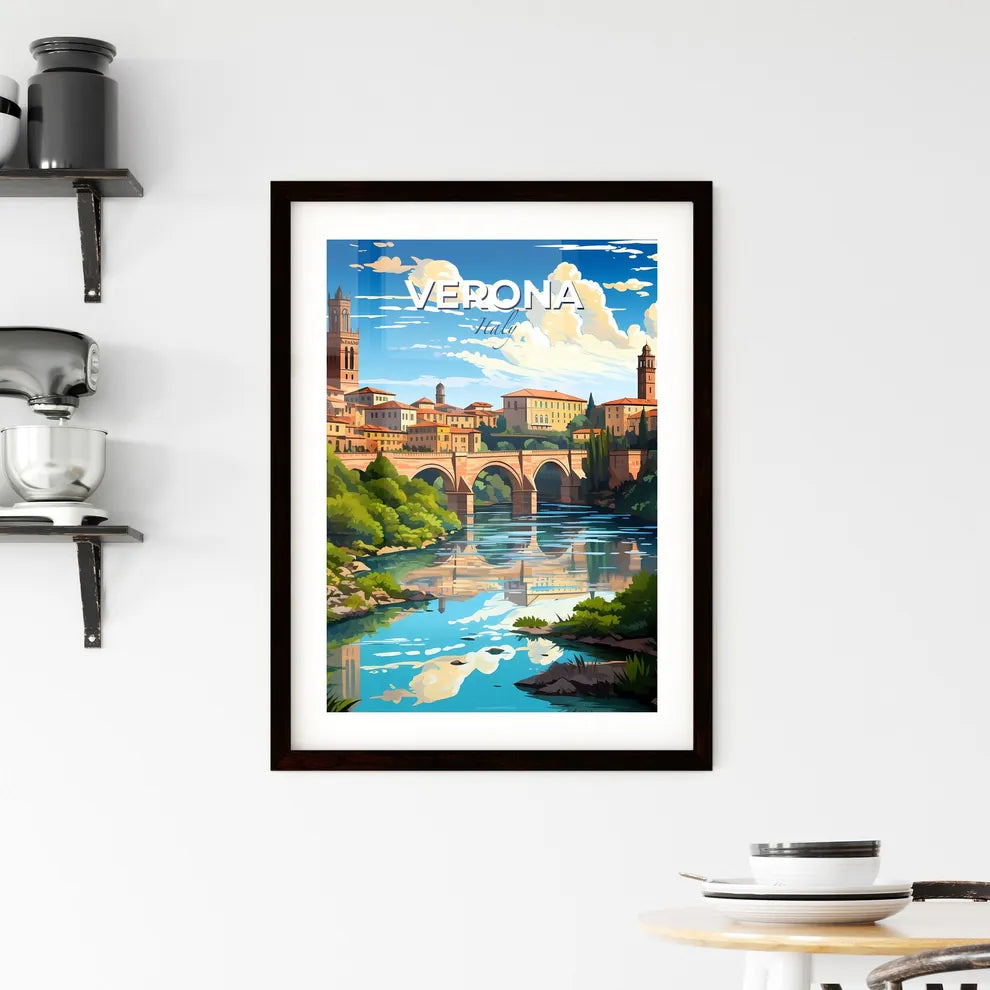 Verona, Italy, A Poster of a bridge over a river with buildings and trees Default Title
