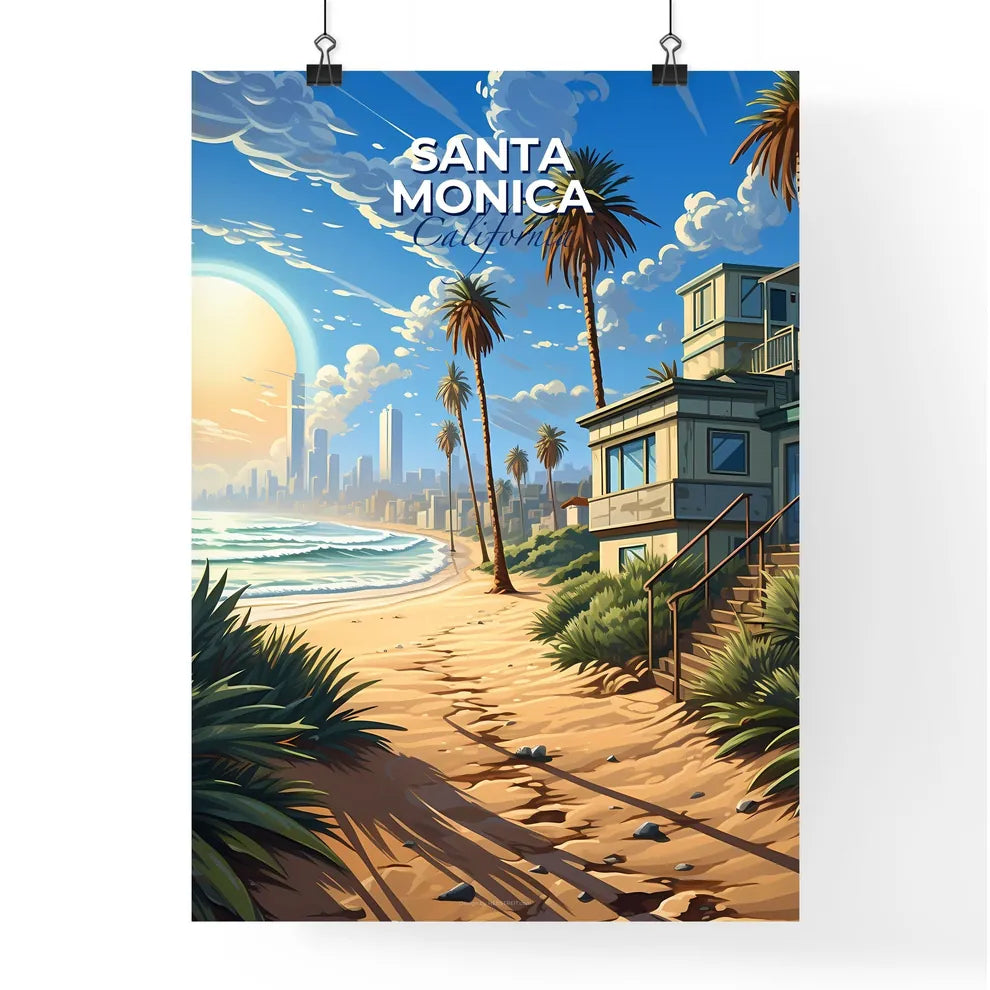 Santa Monica, California, A Poster of a beach with palm trees and a building Default Title