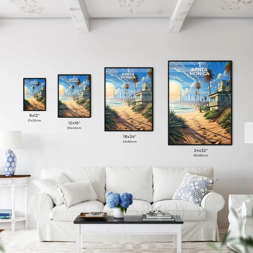 Santa Monica, California, A Poster of a beach with palm trees and a building Default Title