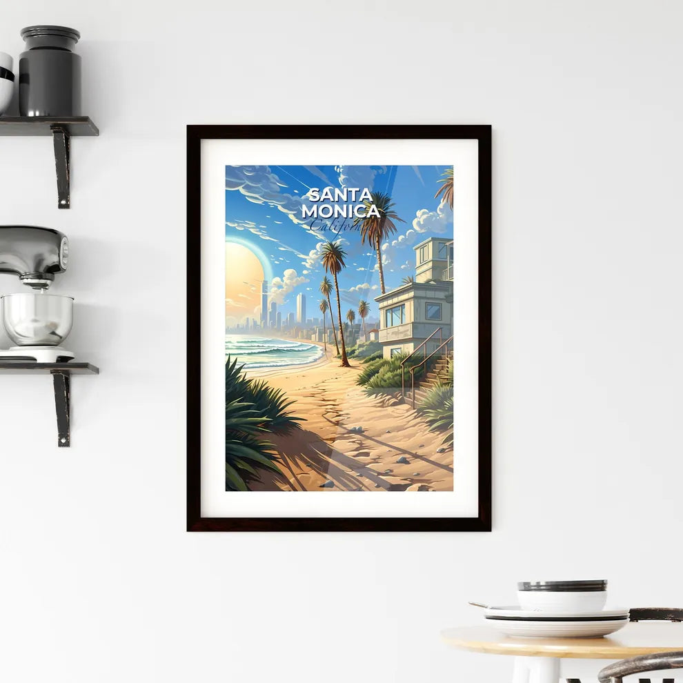 Santa Monica, California, A Poster of a beach with palm trees and a building Default Title