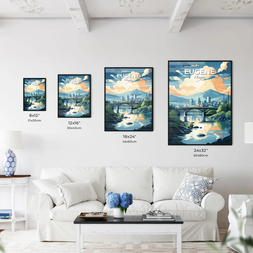Eugene, Oregon, A Poster of a bridge over a river with trees and mountains in the background Default Title