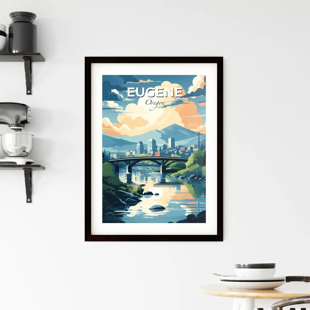 Eugene, Oregon, A Poster of a bridge over a river with trees and mountains in the background Default Title