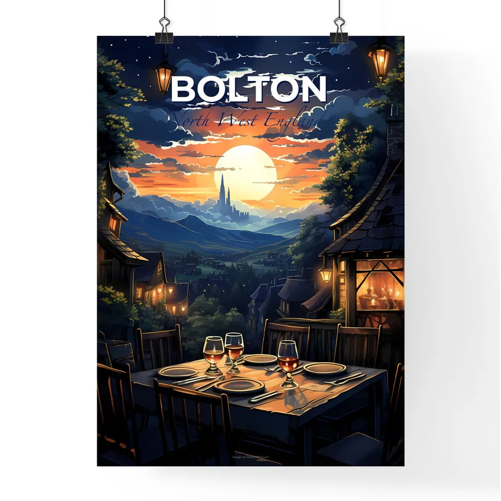 Bolton, North West England, A Poster of a table with wine glasses and a sunset in the background Default Title