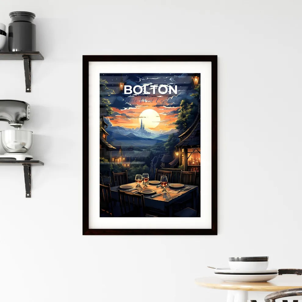 Bolton, North West England, A Poster of a table with wine glasses and a sunset in the background Default Title