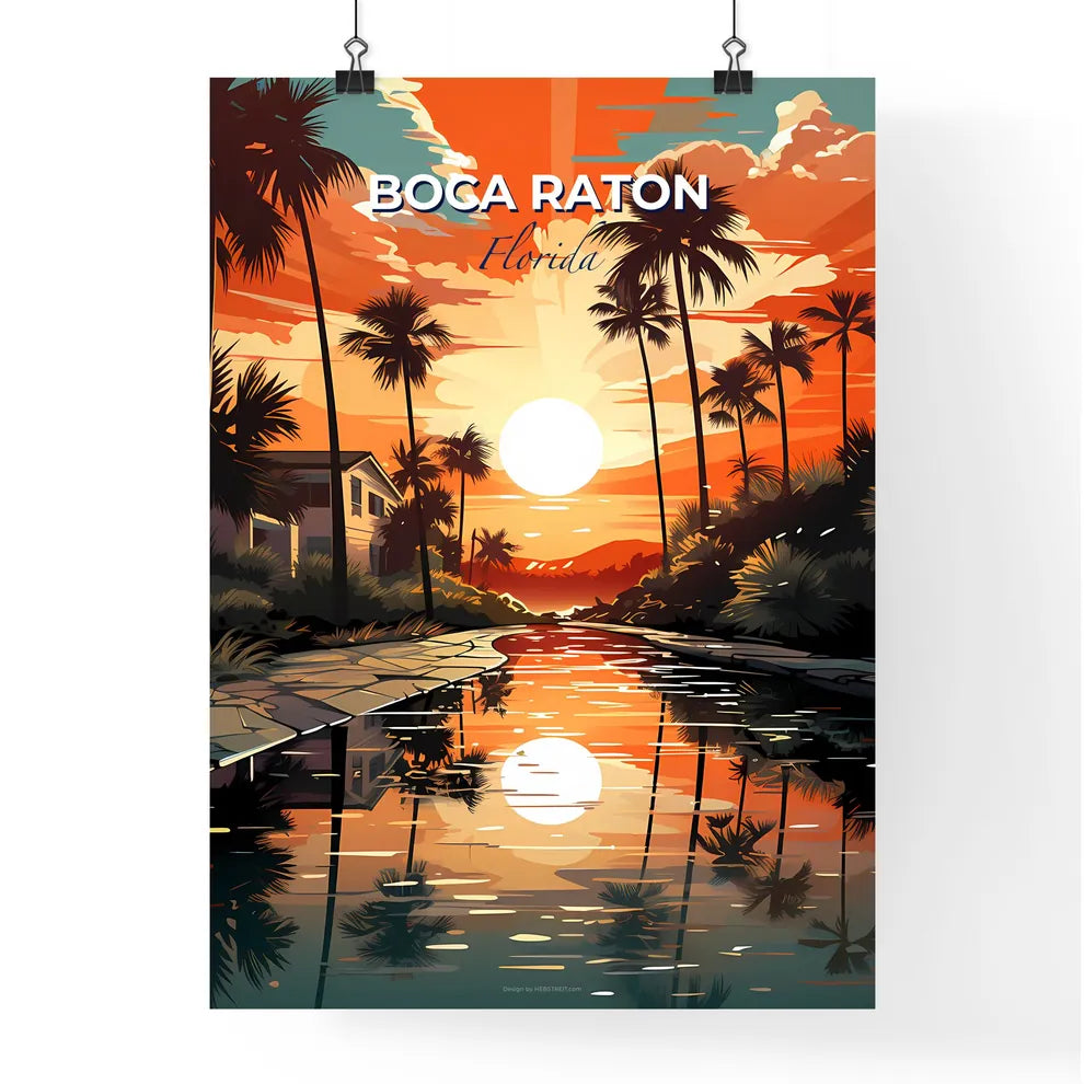 Boca Raton, Florida, A Poster of a sunset over a river with palm trees Default Title