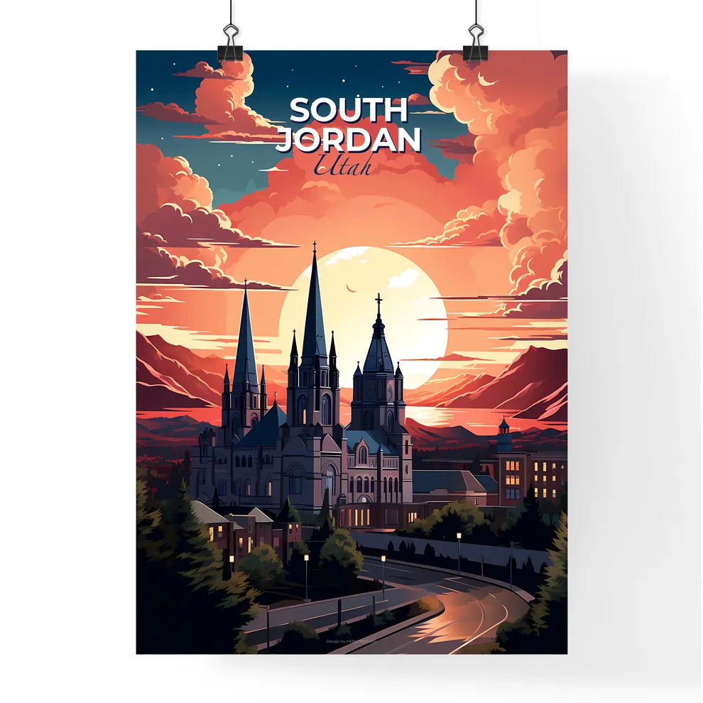 South Jordan, Utah, A Poster of a large building with towers and trees in front of a sunset Default Title