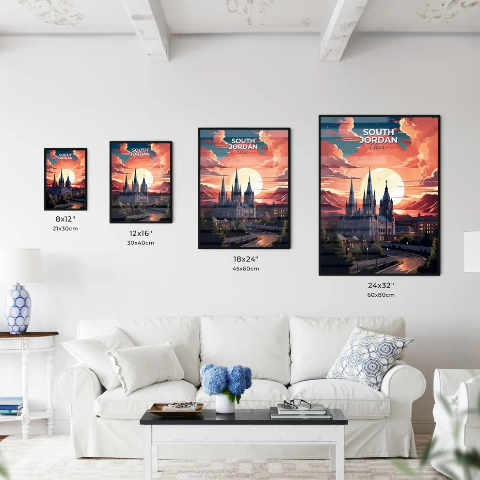 South Jordan, Utah, A Poster of a large building with towers and trees in front of a sunset Default Title