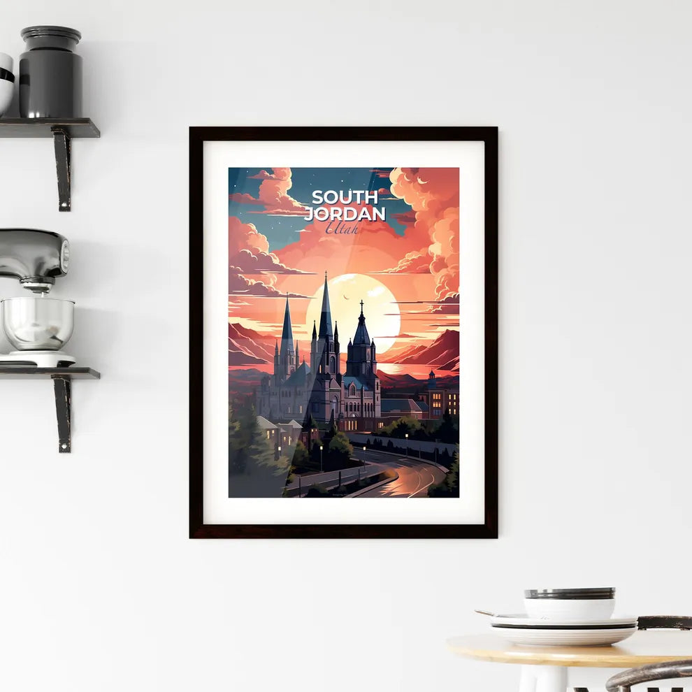 South Jordan, Utah, A Poster of a large building with towers and trees in front of a sunset Default Title