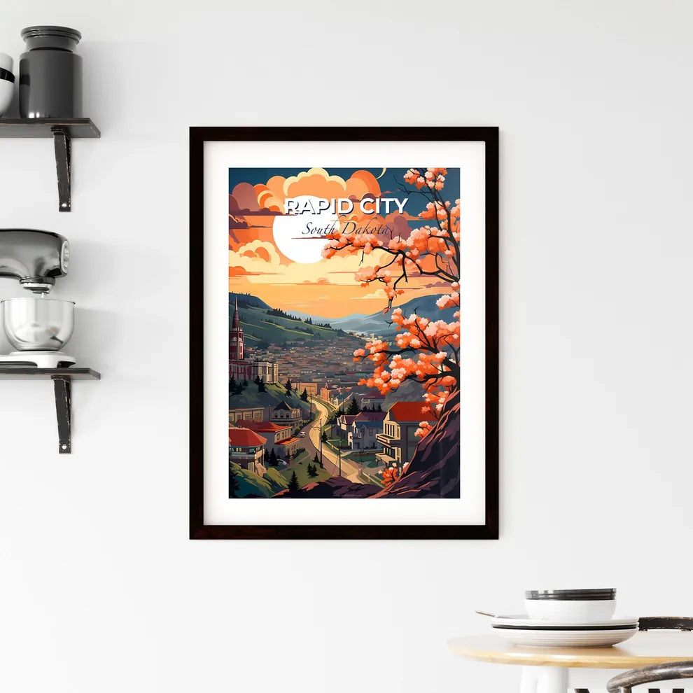 Rapid City, South Dakota, A Poster of a painting of a town with a road and a tree with pink flowers Default Title