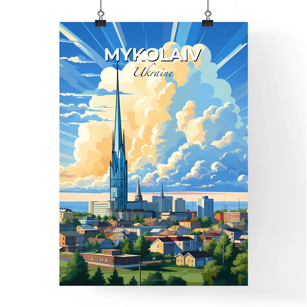 Mykolaiv, Ukraine, A Poster of a city with a tall tower and a cloudy sky Default Title