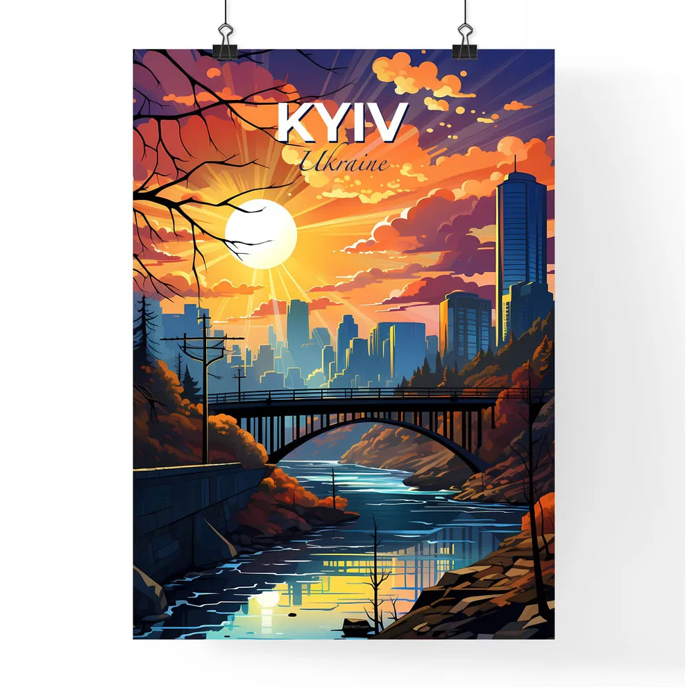 Kyiv, Ukraine, A Poster of a bridge over a river with a city in the background Default Title