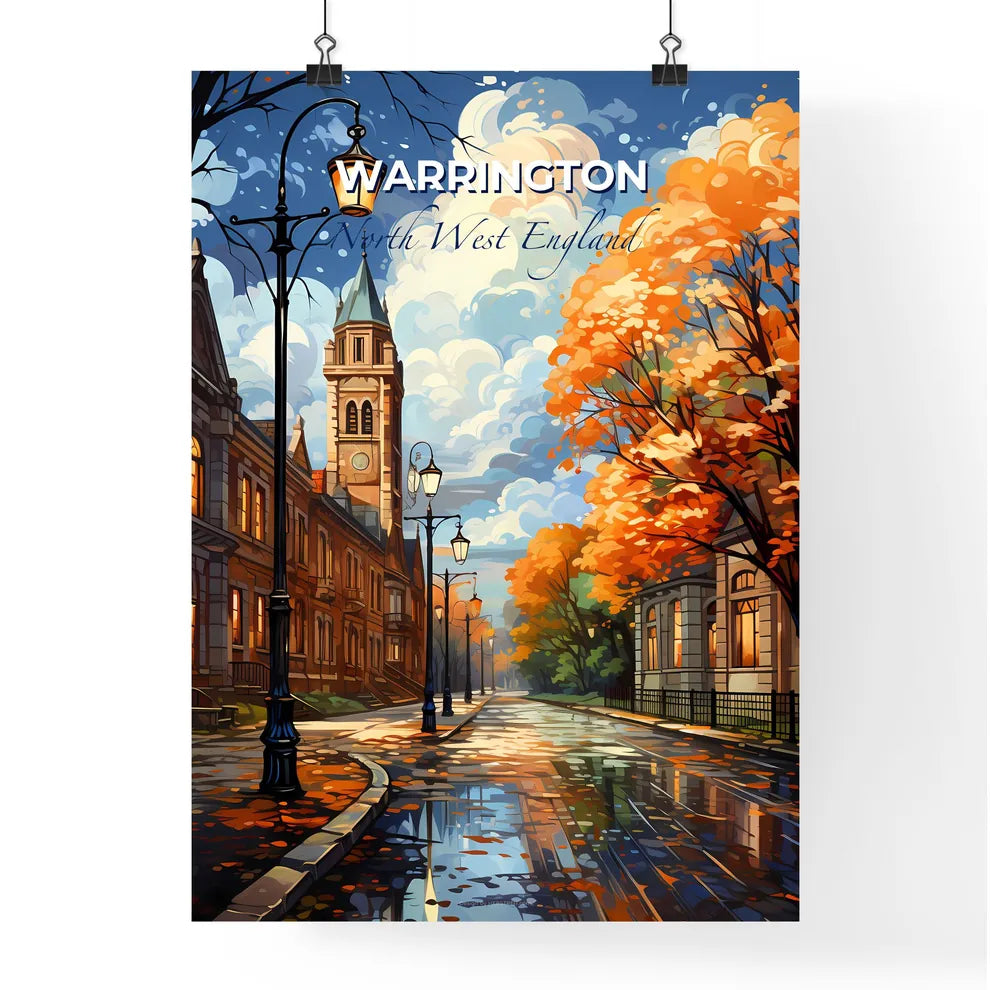 Warrington, North West England, A Poster of a street with trees and a clock tower Default Title