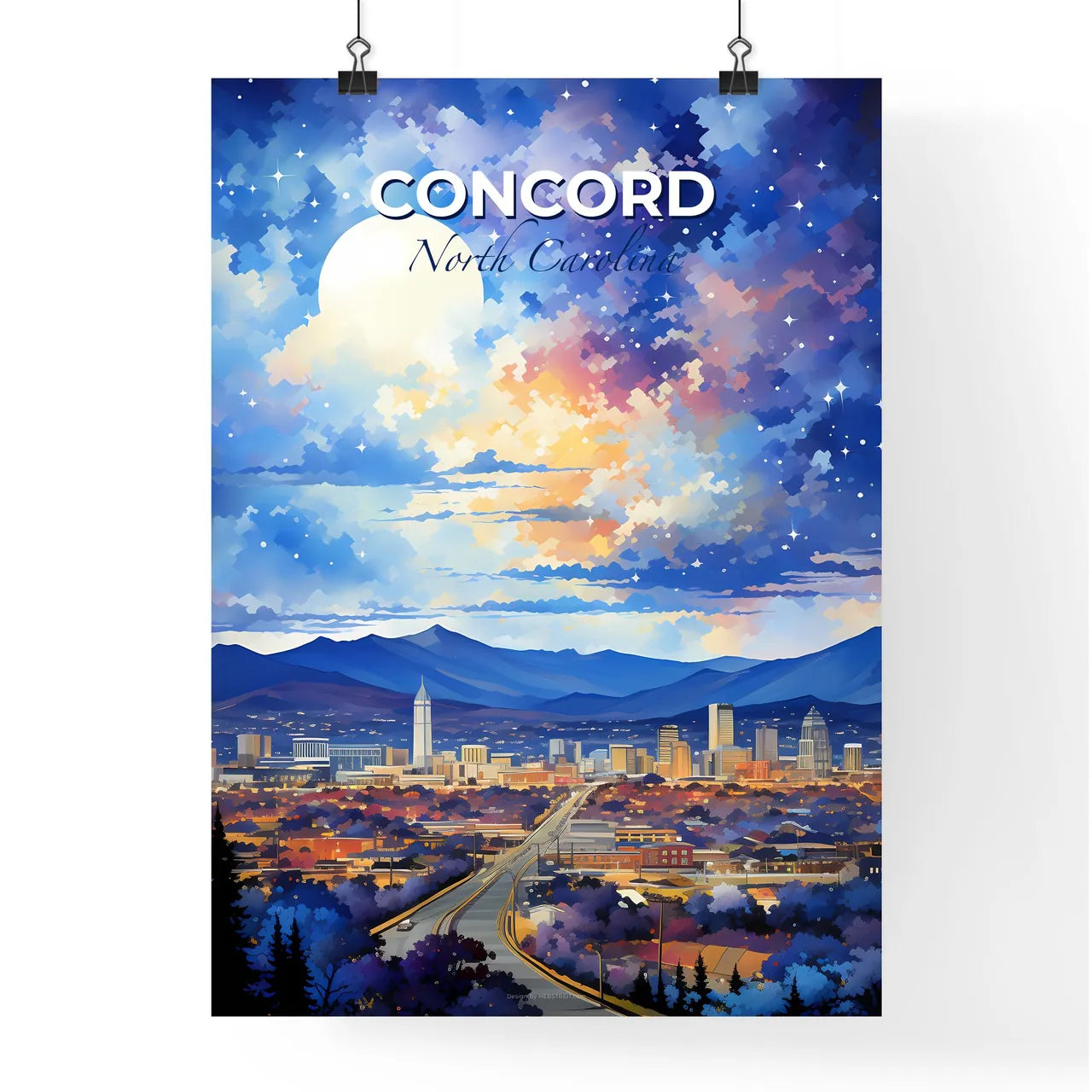 Concord, North Carolina, A Poster of a cityscape with mountains and moon Default Title