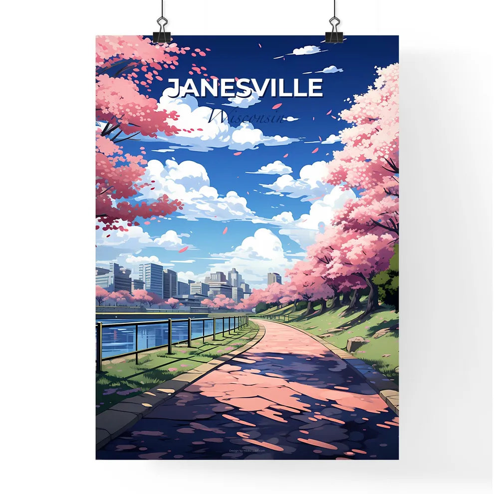 Janesville, Wisconsin, A Poster of a path with pink trees and a city in the background Default Title